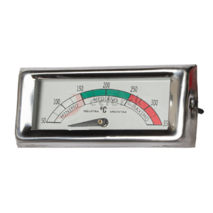 Pirometro rectangular frente de acero inoxidable, 13cm x 5cm, con escala verde y roja